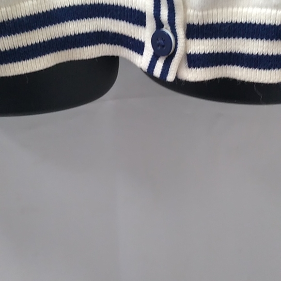 Talbots white pink poka dot cardigan with navy blue trim (neck bottom hem sleeve - Picture 4 of 7